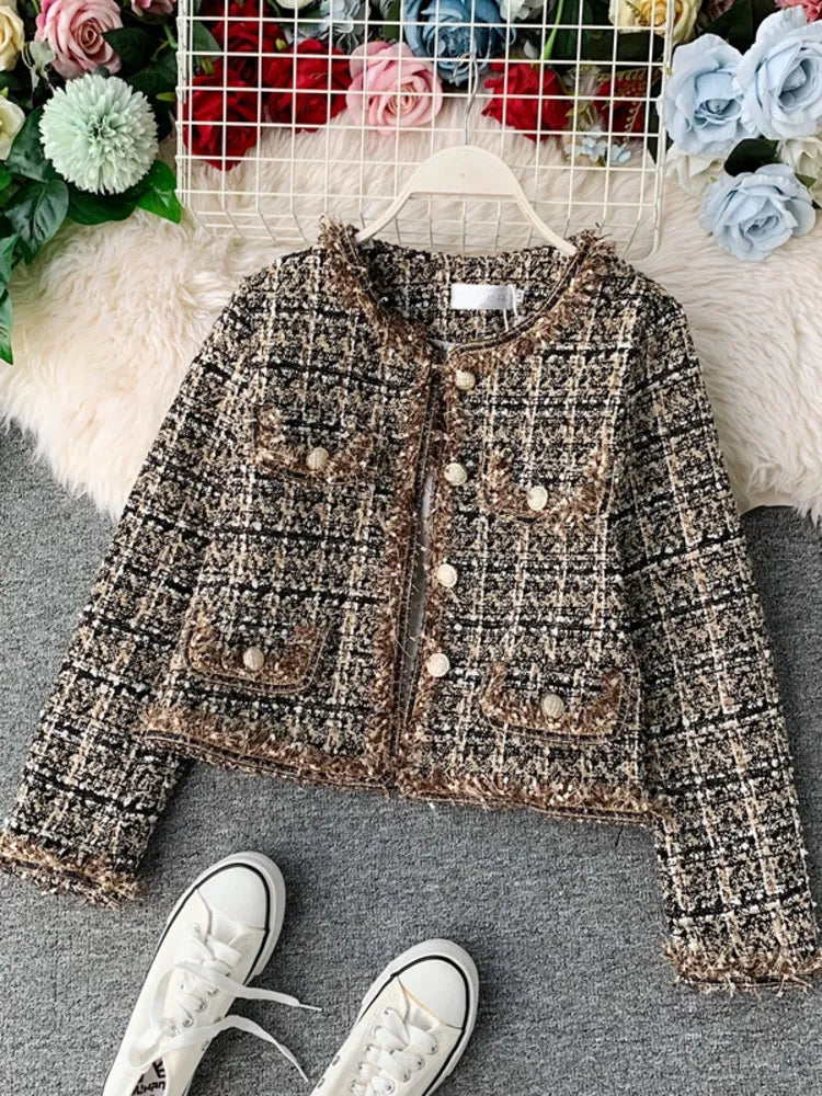 New Autumn Winter Vintage Tweed Jacket Coat Women Small Fragrance Patchwork Korean Woollen Cropped Coats Elegant Short Outerwear Striped Jacket Polka Dot Jacket Floral Jacket