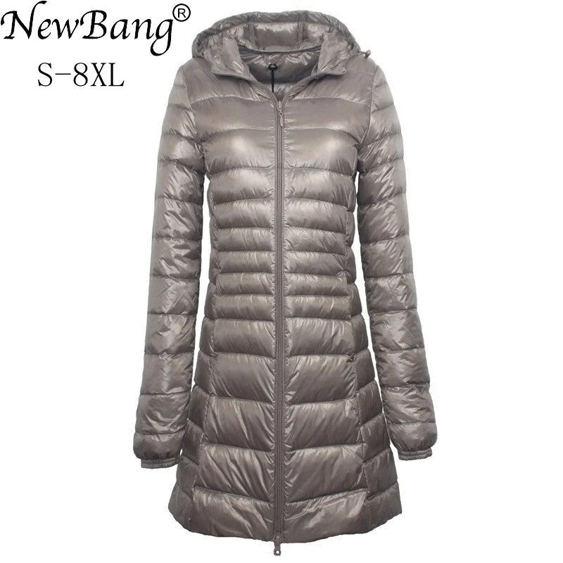 NewBang 7XL 8XL Plus Long Down Jacket Women Winter Ultra Light Down Jacket Women With Hooded Down Coat Female Big Size Coats Fleece Fabric Down Fabric Feather Fabric