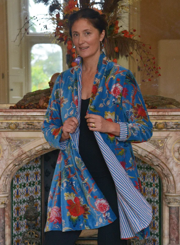 'Nika' Cotton Velvet Jacket | Turquoise Flower Collared Jacket Crew Neck Jacket Turtle Neck Jacket