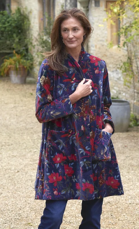 'Nika' Cotton Velvet Jacket | Navy Bird V-Neck Jacket Boat Neck Jacket Square Neck Jacket
