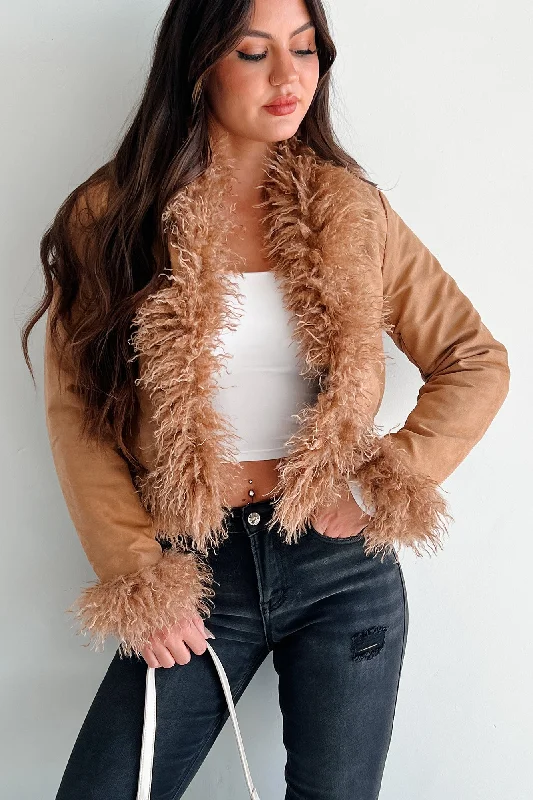 Nostalgia Trip Faux Fur Trimmed Jacket (Camel) Print Jacket Jacquard Jacket Patchwork Jacket