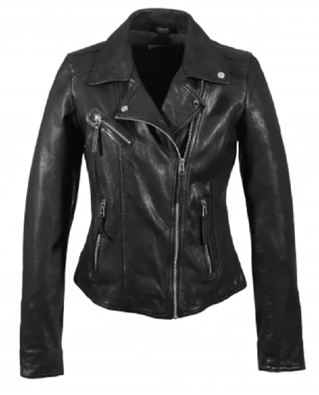 Oakwood Clips Black Leather Jacket A-Line Jacket Boat Neck Shawl Collar