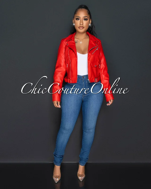 Payami Red Vegan Leather Zippered Jacket Toggled Jacket Drawstring Jacket Belted Jacket