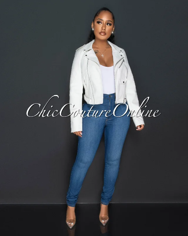 Payami White Vegan Leather Zippered Jacket Herringbone Jacket Houndstooth Jacket Plaid Jacket