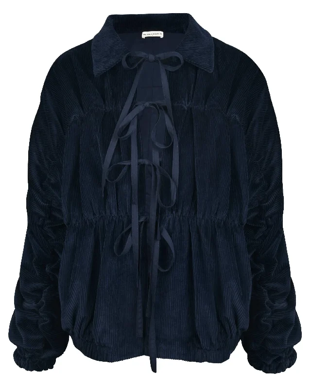 Ruche Tie Jacket - Navy Corduroy Elasticated Jacket Padded Jacket Insulated Jacket