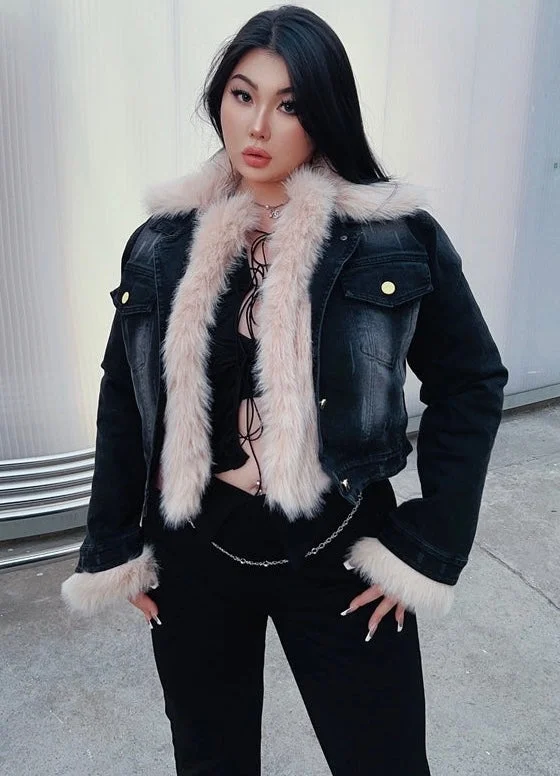 Saige Washed Denim Fluff Long Sleeve Cropped Jean Jacket Knit Jacket Woven Jacket Fleece Jacket