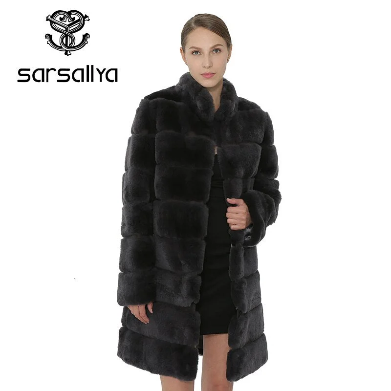 SARSALLYA Rex Rabbit Fur Women Coat  Detachable Overcoat Jacket Warm Winter Women Clothing Natural Fur Female Coat Jacket Boat Neck Shawl Collar Notched Collar