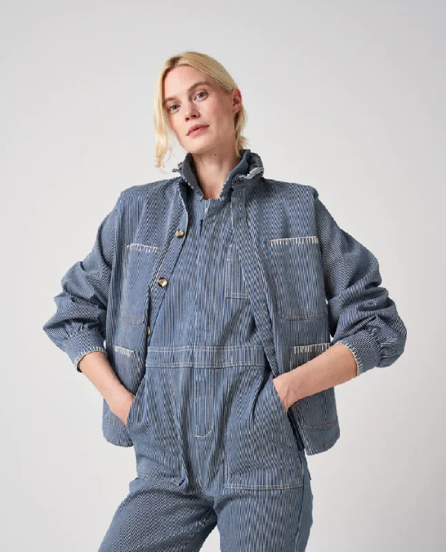Seventy + Mochi Pablo Striped Denim Jacket Boat Neck Shawl Collar Notched Collar