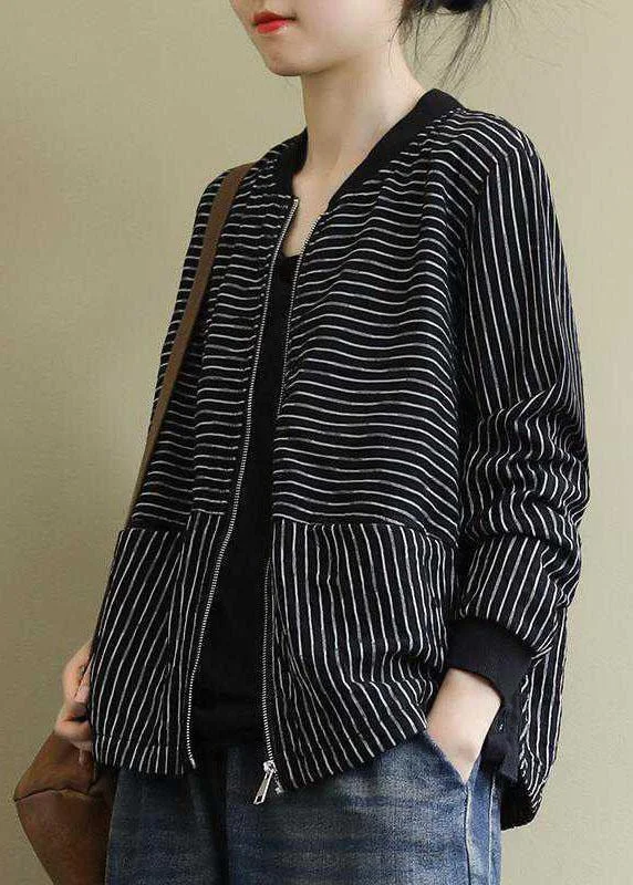 Street Black Striped zippered Pockets Fall Jacket Long sleeve Oversized Jacket Tailored Jacket Straight Jacket