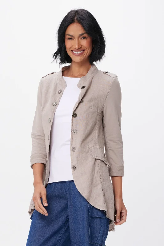 Suzy D Bernie Linen Military Jacket - Taupe Satin Fabric Silk Fabric Chiffon Fabric