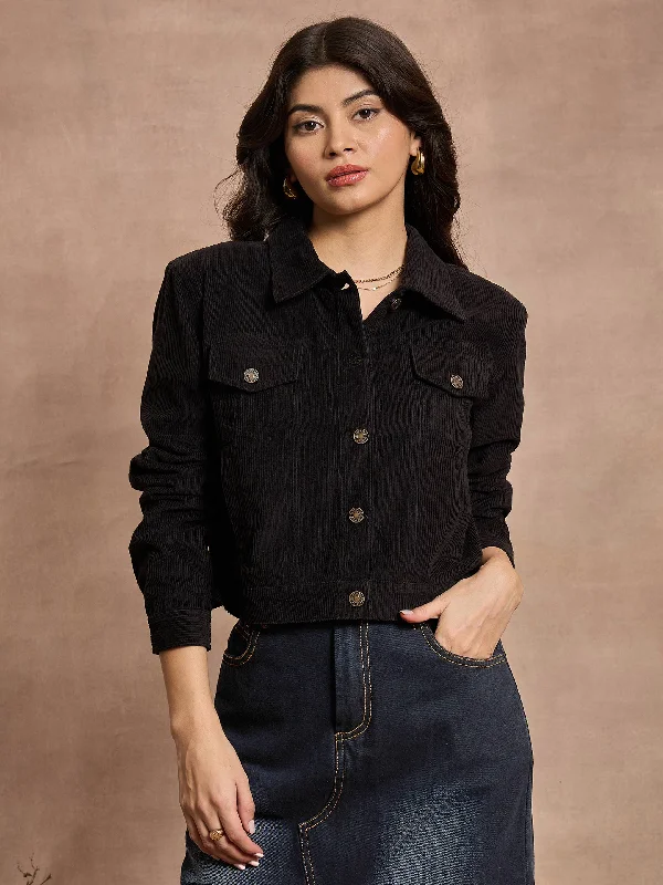 Women Black Courduroy Full Sleeve Jacket Chenille Fabric Brocade Fabric Lace Fabric
