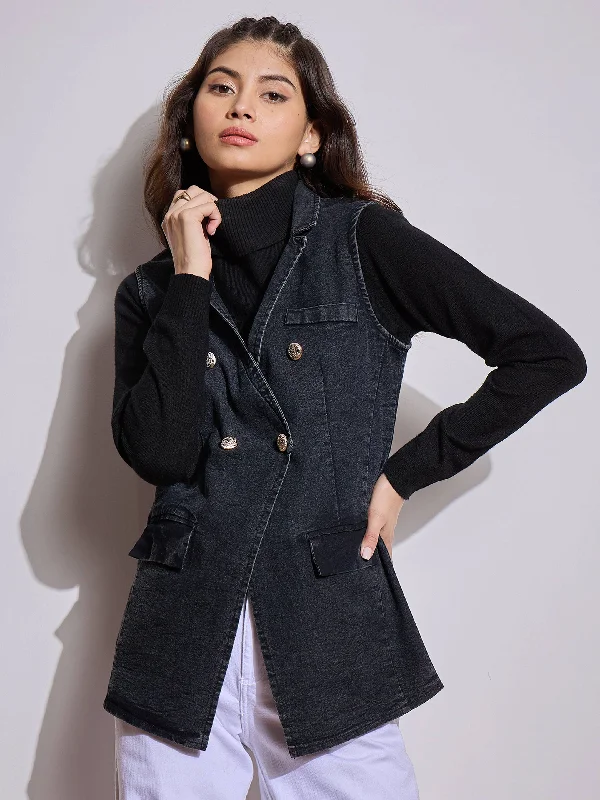 Women Black Denim Flap Pocket Sleeveless Jacket Hooded Jacket Caped Jacket Shawl Collar Jacket