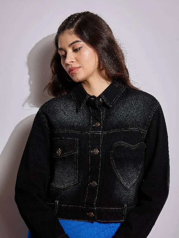 Women Black Denim Heart Pockets Crop Jacket Denim Jacket Leather Jacket Suede Jacket