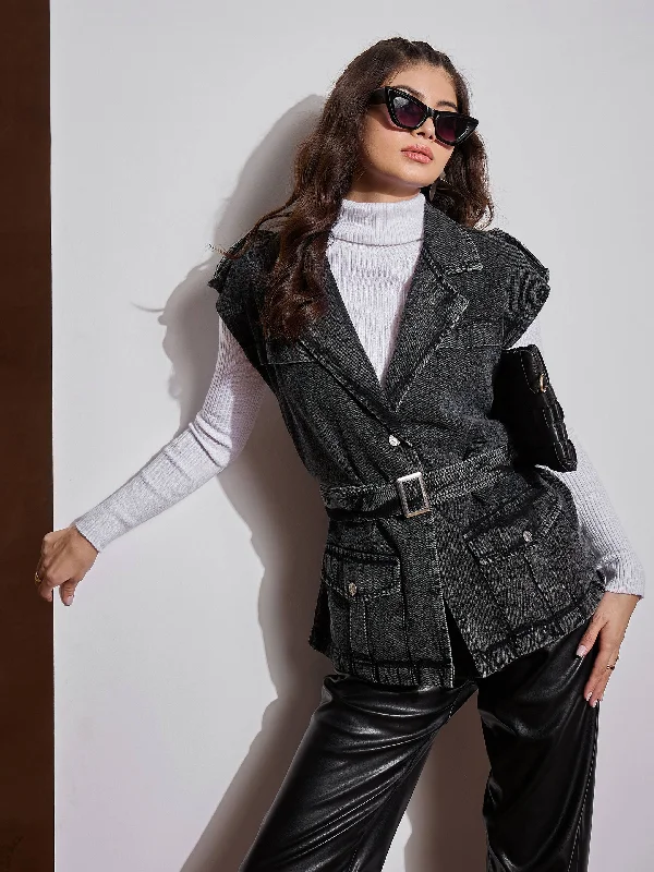 Women Black Washed Pocket Detail Sleeveless Belted Jacket Denim Fabric Leather Fabric Suede Fabric