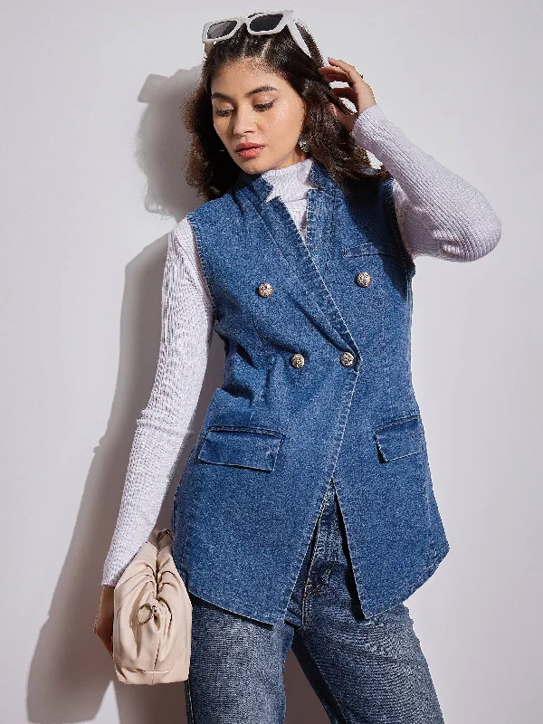 Women Blue Denim Flap Pocket Sleeveless Jacket Boat Neck Shawl Collar Notched Collar
