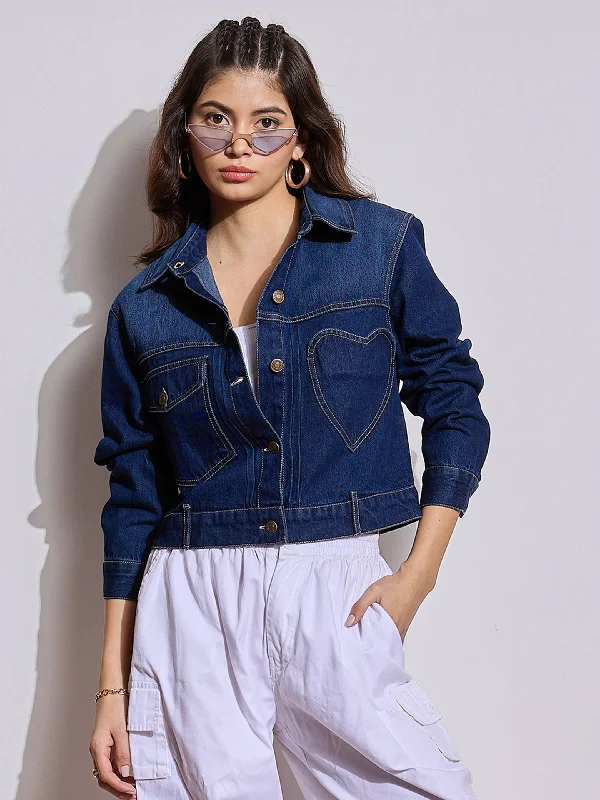 Women Blue Denim Heart Pockets Crop Jacket Front Pockets Side Pockets Patch Pockets