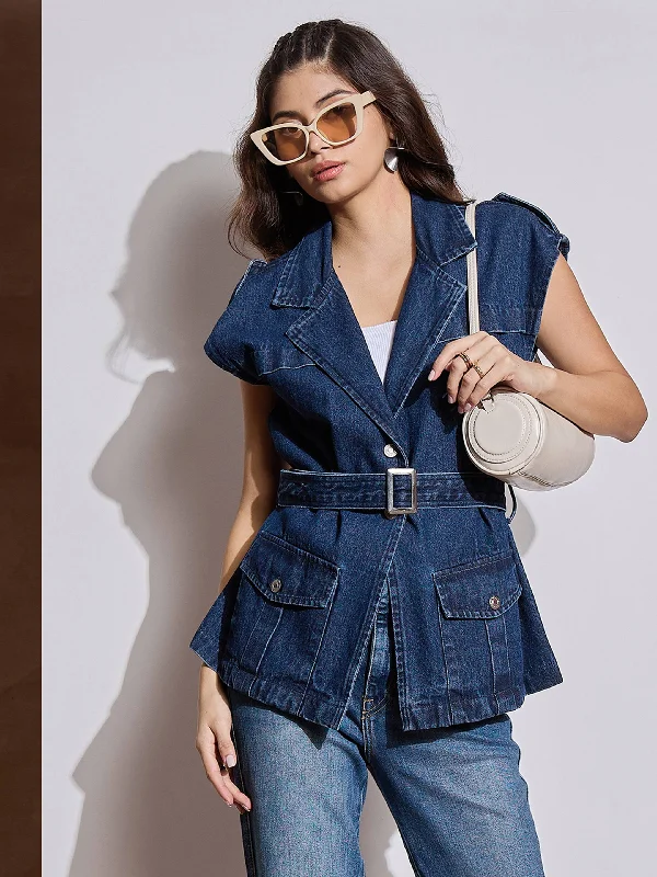 Women Blue Washed Pocket Detail Sleeveless Belted Jacket One-Shoulder Jacket Off-the-Shoulder Jacket Asymmetrical Jacket