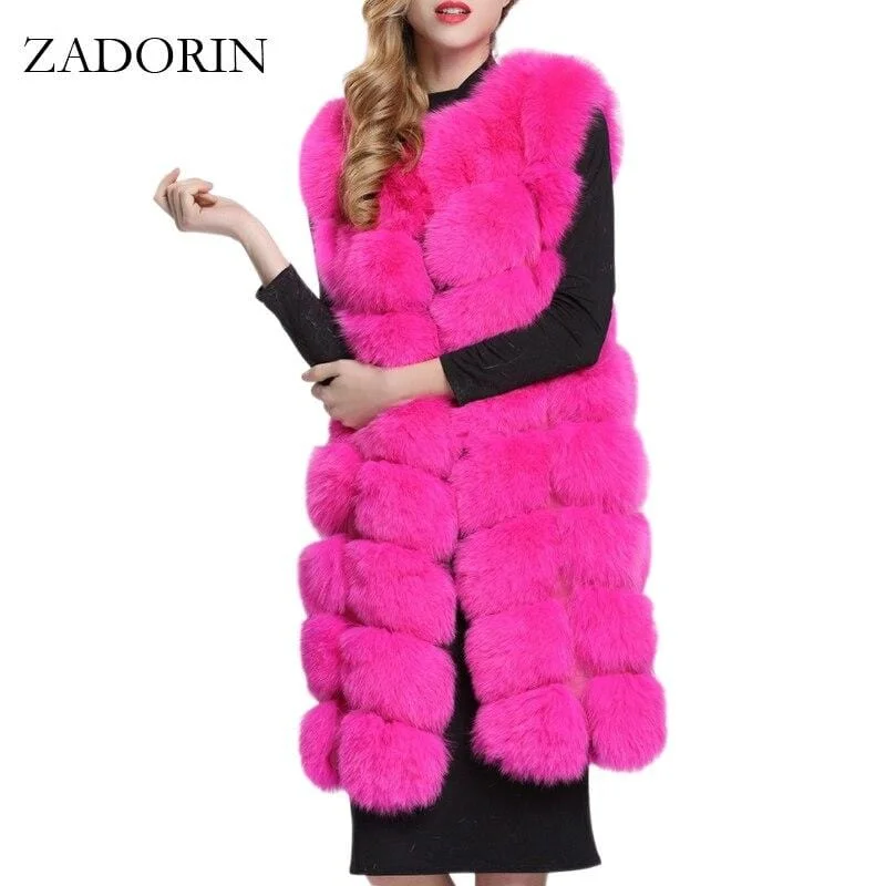 ZADORIN 90cm Luxury Women Faux Fur Jackets Sleeveless Slim Long Faux Fur Vest Gilet Furry Warm Winter Overcoat Women Plus Size Welt Pockets Slit Pockets Flap Pockets