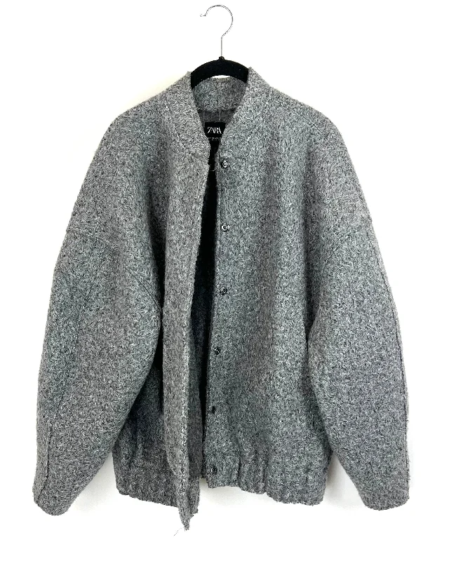Zara Gray Wool-Like Bomber Jacket - Extra Small/Small Faux Fur Jacket Real Fur Jacket Shearling Jacket