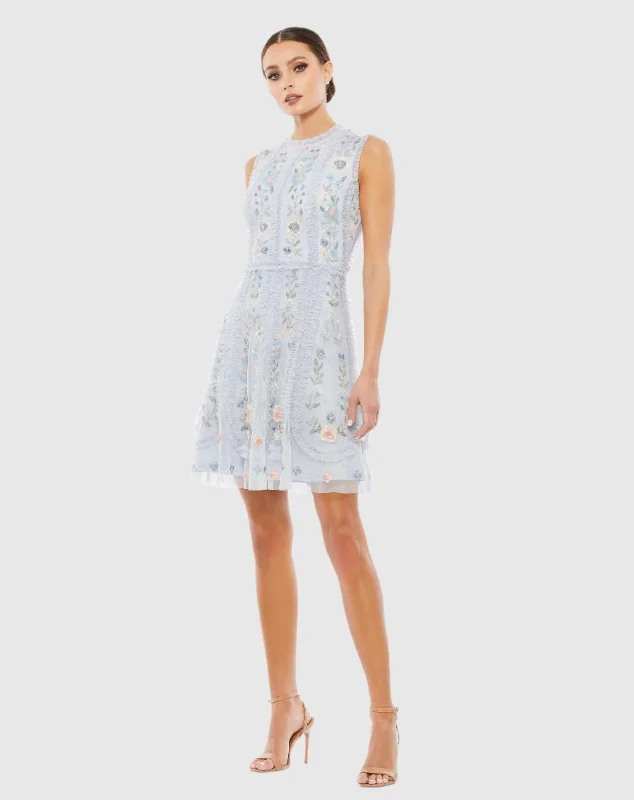 Blue Sleeveless High Neck Embroidered Mini Dress Trendy Bodycon Mini Dress