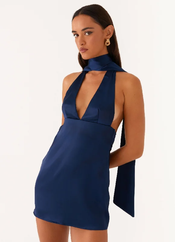 Alicia Satin Halter Mini Dress - Navy Stylish Puff Sleeve Mini Dress