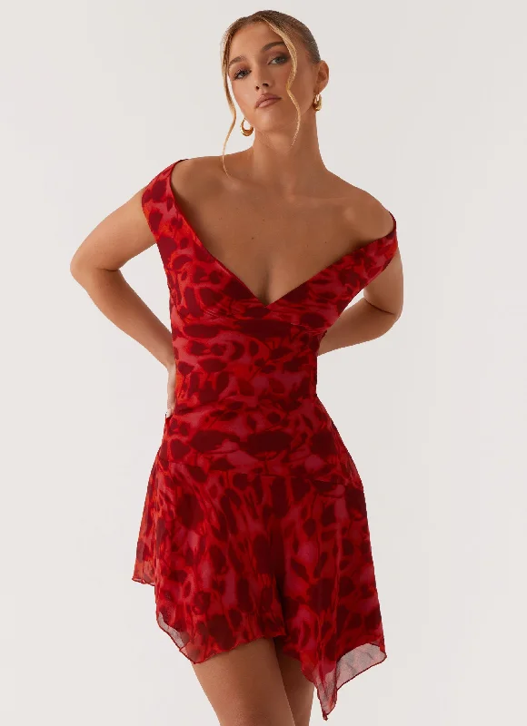 Alma Mini Dress - Deep Red Floral Trendy Denim Mini Dress