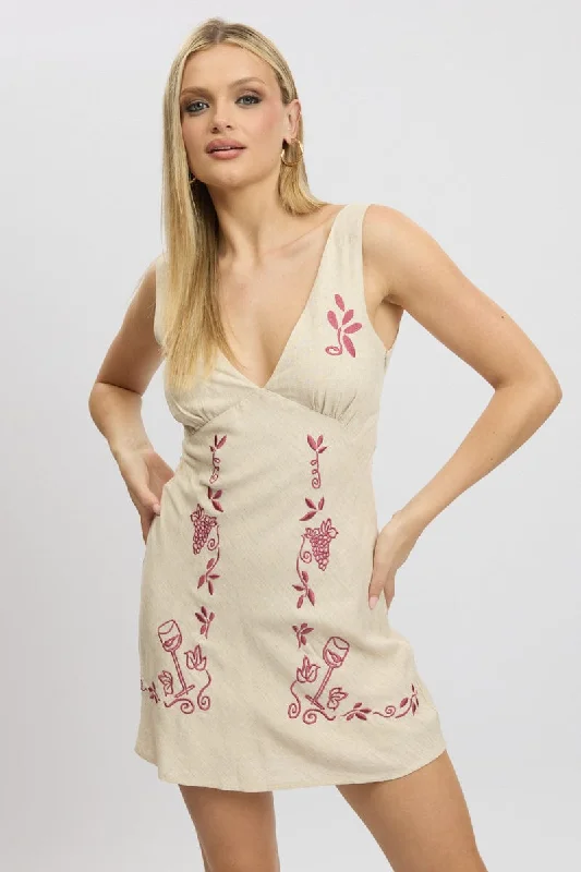 Beige Mini Dress V Neck Embroidery Classic Shift Mini Dress