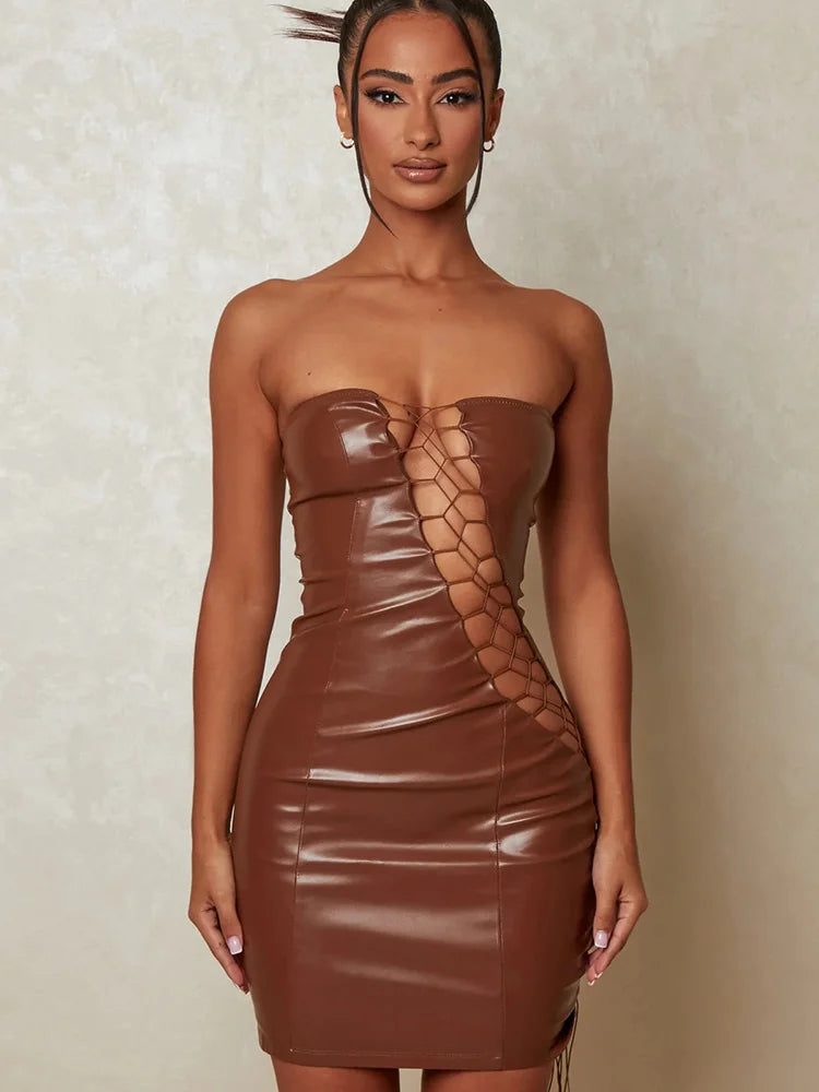 2024 PU Leather Strapless Sleeveless Mini Dress Cut Out Dresses Cozy Jersey Mini Dress