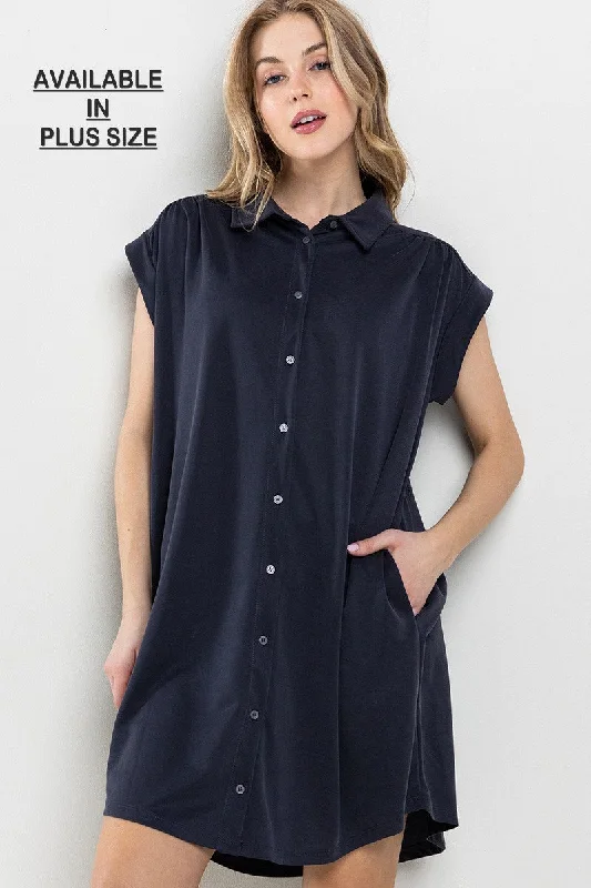 BLACK COLLARED WITH SIDE POCKETS PLUS SIZE MINI DRESS PDC50723SA Elegant Mini Dress with Ruffles BLACK COLLARED WITH SIDE POCKETS PLUS SIZE MINI DRESS PDC50723SA Elegant Mini Dress with Ruffles