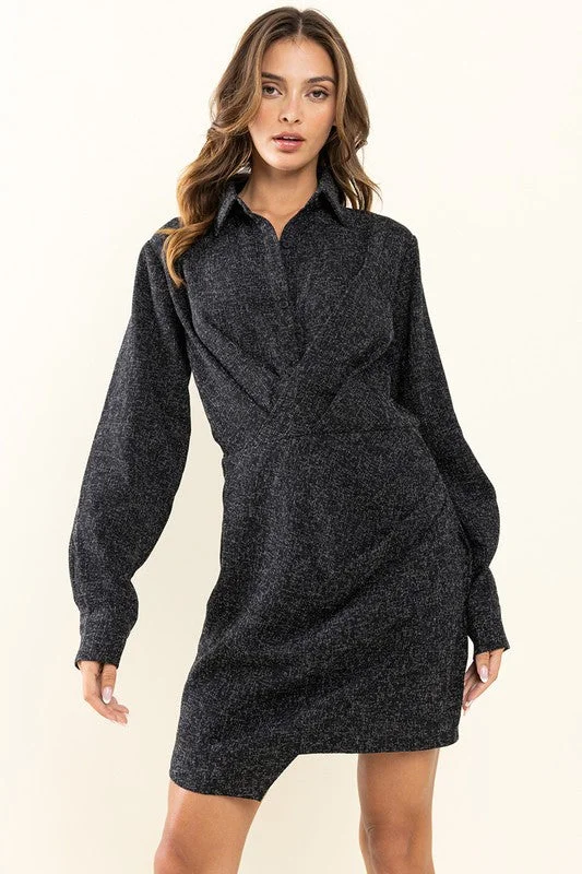 BLACK  COLLARED WRAP MINI DRESS DNI51672 Fashionable Party Mini Dress