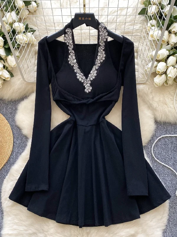 Black Halter Beading Crystal Mini Dress Casual Mini Dress with Pockets