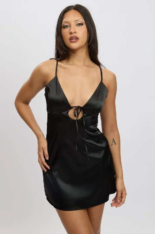Black Mini Dress Front Tie Strappy Satin Elegant Lace Mini Dress