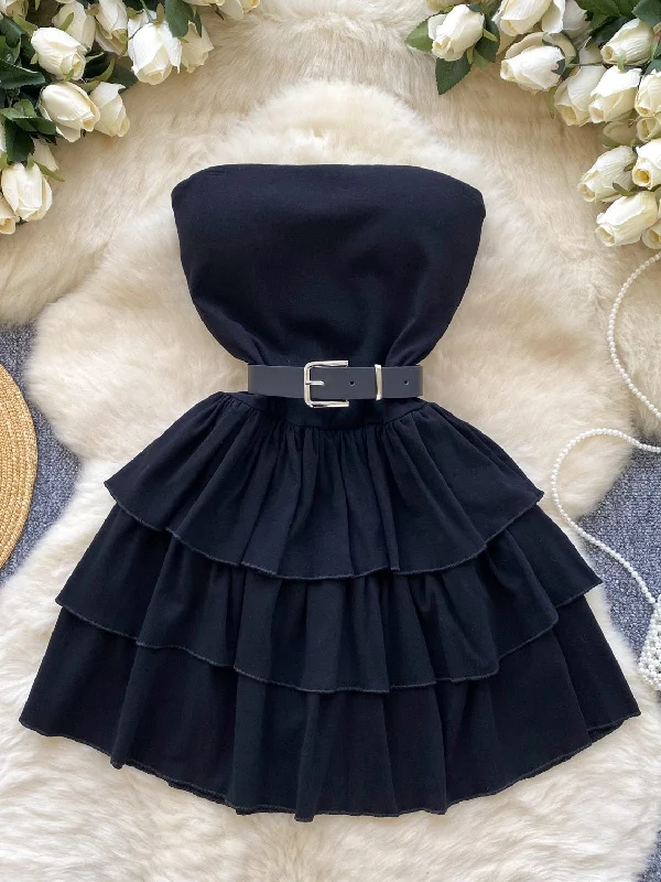 Black Strapless Belt Ruffles Short Mini Dress Trendy Off-Shoulder Dress Mini