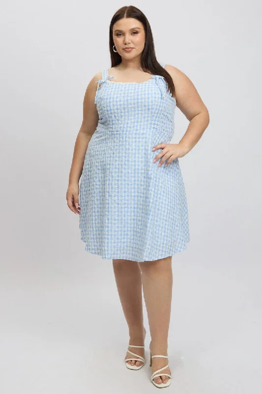 Blue Check Gingham Embroidered Mini Dress Comfortable Bodycon Mini Dress