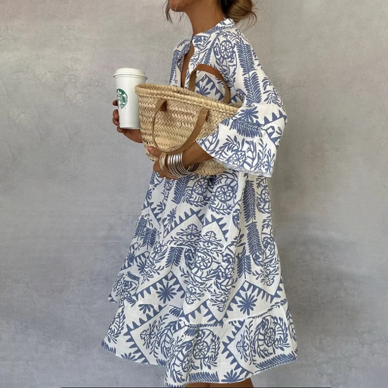 Blue V-Neck 3/4 Sleeve Mini Dress Stylish Floral Print Mini Dress