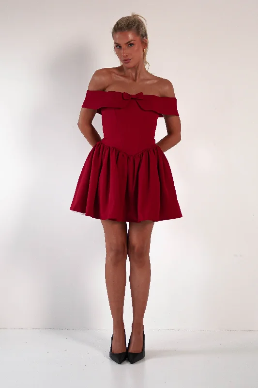 Charlotte Corset Bow Mini Dress | Dark Red Cozy Sweater Mini Dress