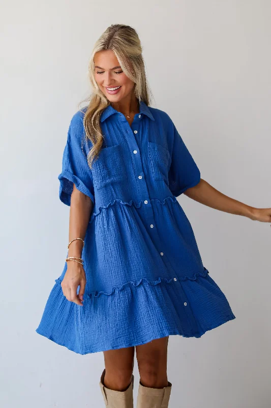 FINAL SALE - Charming Dynamic Royal Blue Linen Tiered Mini Dress Classic Casual Mini Dress
