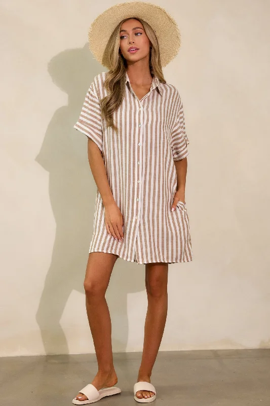 Chasing Joy Taupe Stripe Button Front Mini Dress Cozy Wraparound Mini Dress