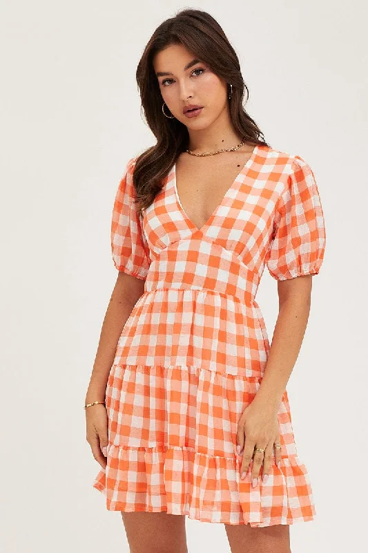 Check Mini Dress V Neck Trendy Bodycon Mini Dress
