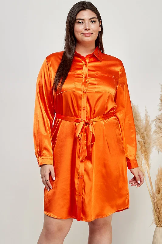 CORAL SATIN BUTTON-DOWN WAIST-TIE PLUS SIZE MINI DRESS AVD51629WX Stylish Ribbed Mini Dress CORAL SATIN BUTTON-DOWN WAIST-TIE PLUS SIZE MINI DRESS AVD51629WX Stylish Ribbed Mini Dress