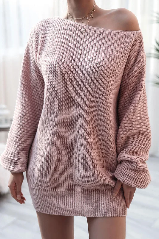 Cozy Winter Boat Neck Long Sleeve Textured Sweater Mini Dress - Pink Classic Floral Print Mini Dress