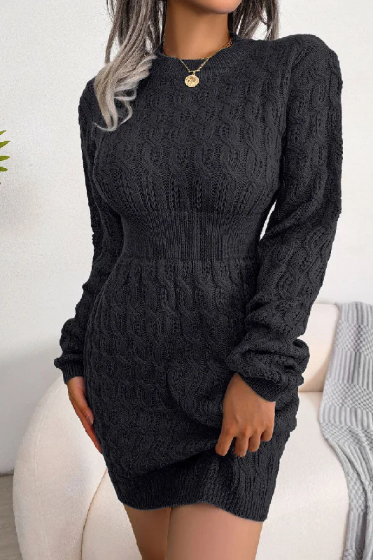 Cozy Winter Fisherman Cable Knit Bodycon Sweater Mini Dress - Black Comfortable Bodycon Mini Dress