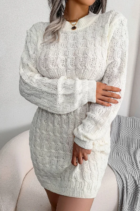 Cozy Winter Fisherman Cable Knit Bodycon Sweater Mini Dress - White Fashionable Boho-Chic Mini Dress Cozy Winter Fisherman Cable Knit Bodycon Sweater Mini Dress - White Fashionable Boho-Chic Mini Dress