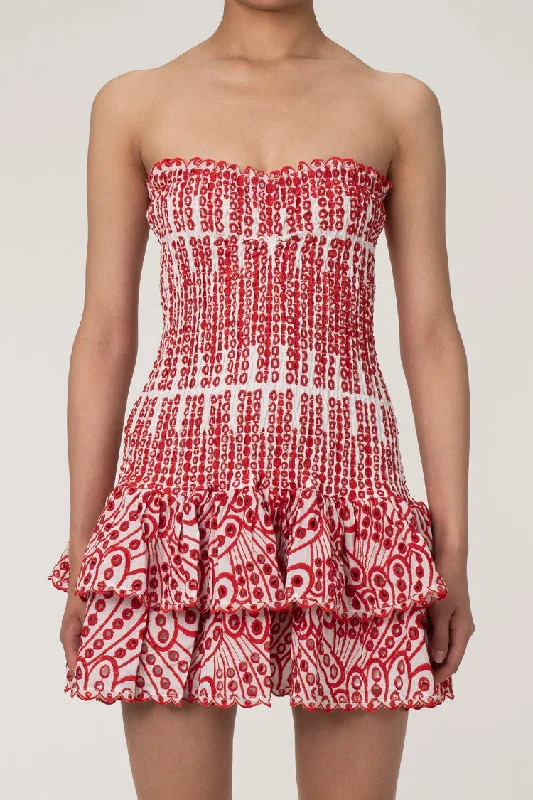 Cute Scalloped Strapless Smocked Broderie Anglaise Tiered Ruffle Mini Dress Stylish Puff Sleeve Mini Dress Cute Scalloped Strapless Smocked Broderie Anglaise Tiered Ruffle Mini Dress Stylish Puff Sleeve Mini Dress