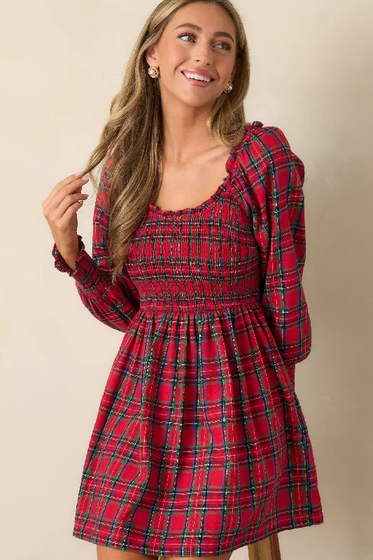 Dance With Me 100% Cotton Red Plaid Long Sleeve Mini Dress Cozy Long Sleeve Mini Dress Dance With Me 100% Cotton Red Plaid Long Sleeve Mini Dress Cozy Long Sleeve Mini Dress