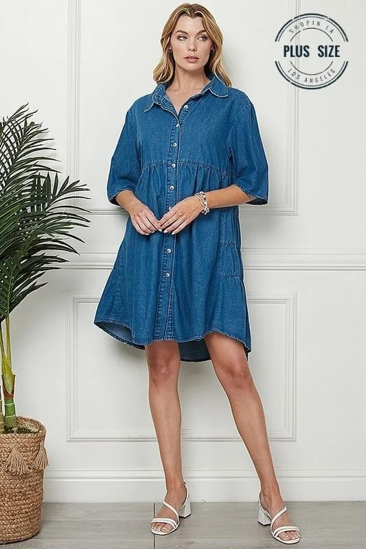 DENIM BLUE SHORT SLEEVES TURN DOWN COLLAR BUTTONED PLUS SIZE MINI DRESS CSP9216P Elegant Sequin Mini Dress DENIM BLUE SHORT SLEEVES TURN DOWN COLLAR BUTTONED PLUS SIZE MINI DRESS CSP9216P Elegant Sequin Mini Dress