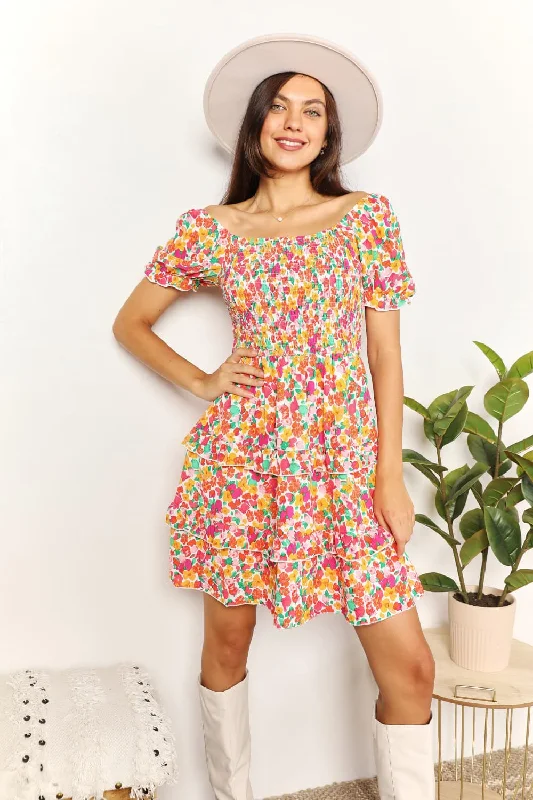 Devine Smocked Sweetheart Neck Flounce Sleeve Mini Dress Trendy Floral Mini Dress