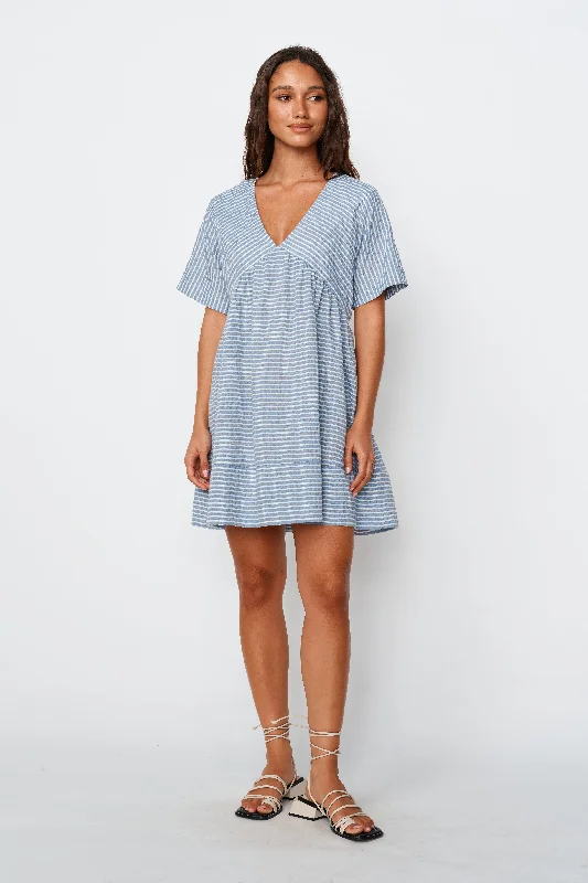 Dune Stripe Mini Dress - Blue / White Cozy A-Line Mini Dress
