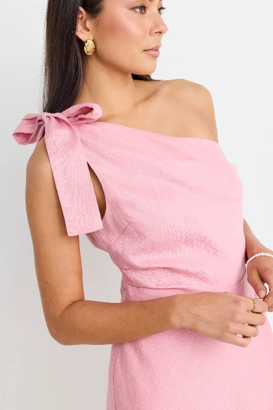 Ecstatic Blush Linen Blend One Shoulder Bow Mini Dress Elegant Vintage Mini Dress
