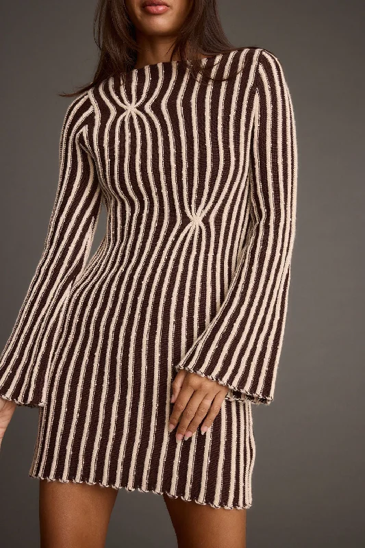Ember Brown and Cream Knit Striped Mini Dress Fashionable Lace Mini Dress
